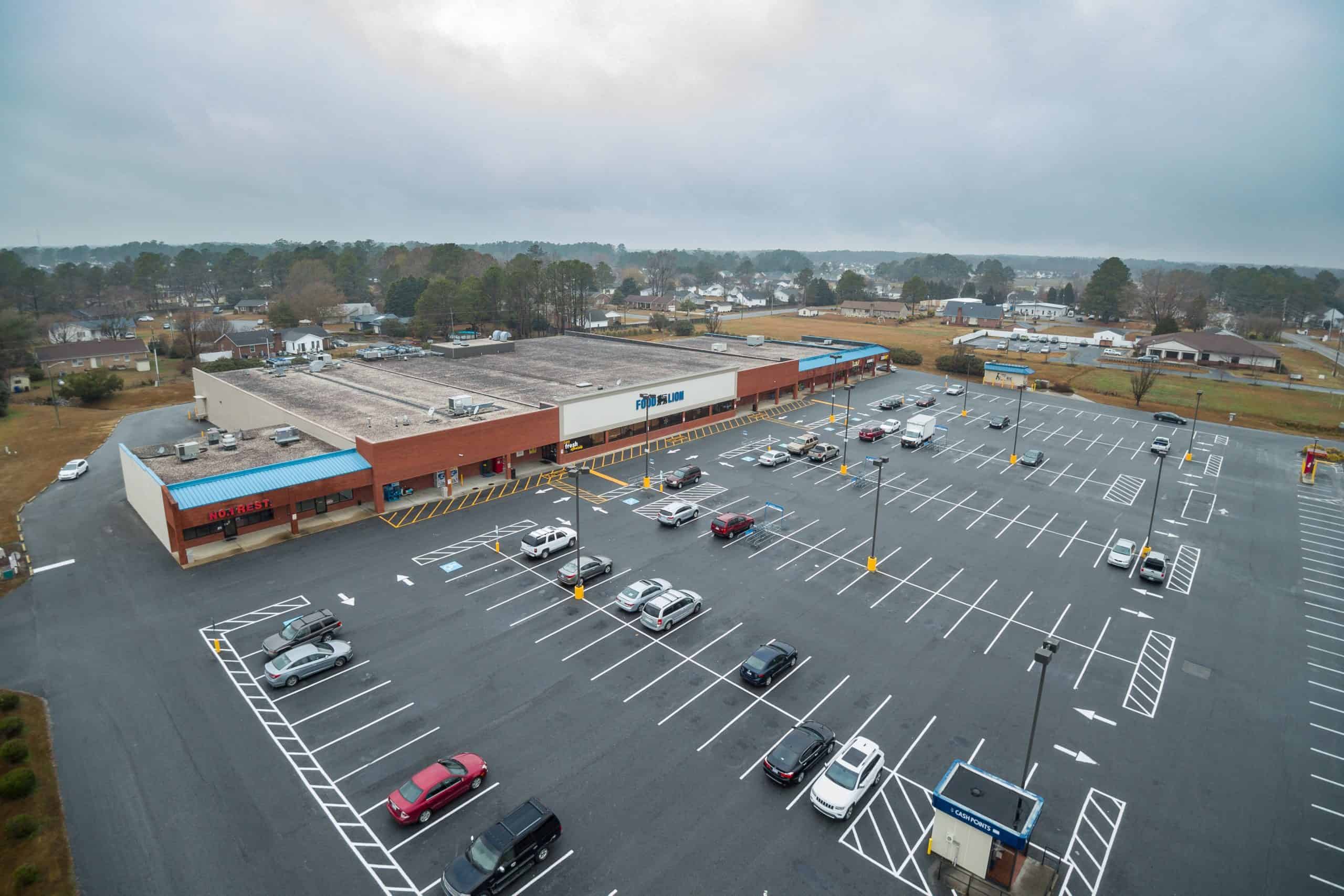 Aerial exterior view with parking lot of Food Lion building project in Winterville, NC.