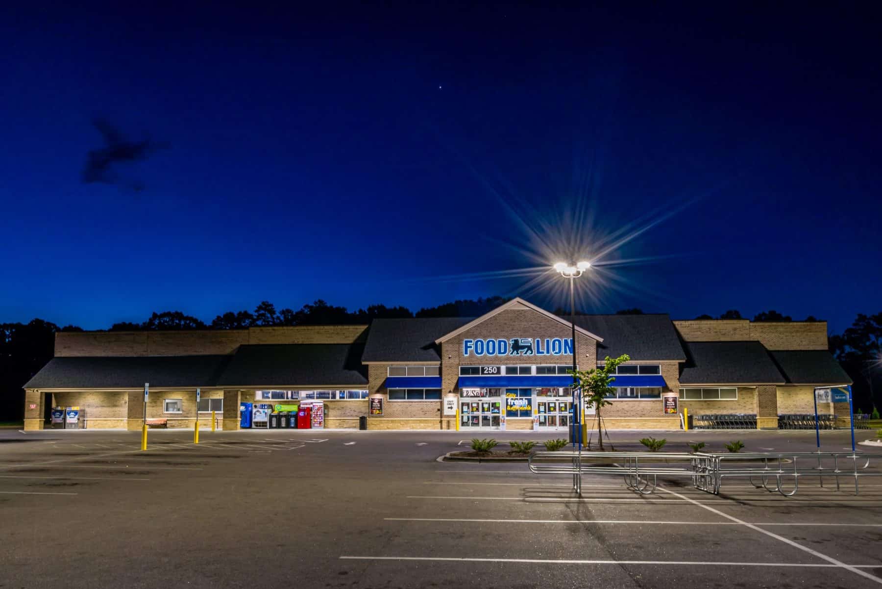 Evening front shot of the Food Lion building